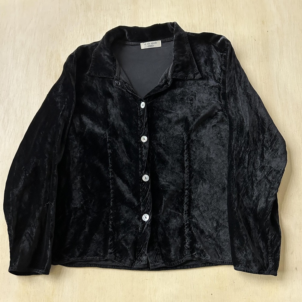Vintage A La Mode Blouse Womens 1 Black Velvet Button Front Long Sleeve Top